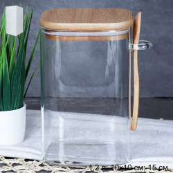 Банка квадратная с ложкой бамбуковая крышка 1200 мл 10x10x15 см / LCKW2918 /уп 48/