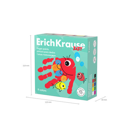 Гуашь пальчиковая ERICH KRAUSE "Baby" с алоэ вера, 9 цветов по 20 мл, картонная упаковка, 61400