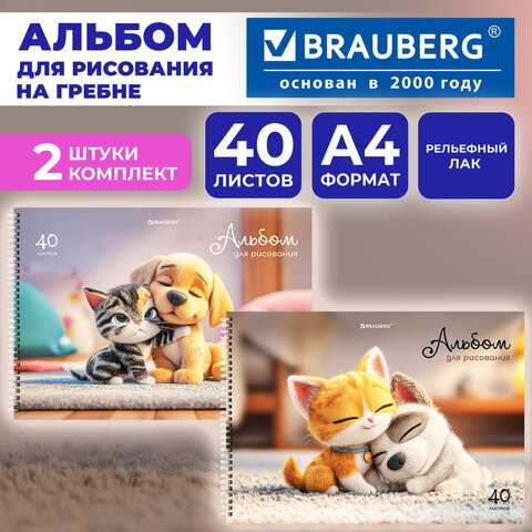 Альбомы для рисования ДЭК, А4, 40 л., КОМПЛЕКТ 2 шт., гребень, TWIN-лак, BRAUBERG, 200х290 мм, "Best Friends", 107750