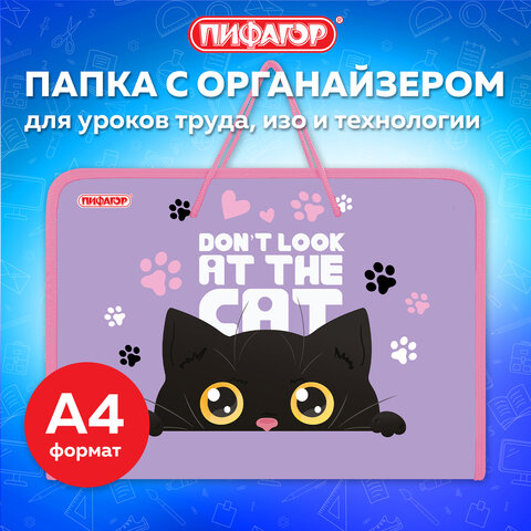 Папка для труда на молнии с ручками ПИФАГОР А4, 1 отделение, пластик, органайзер, "Observer cat", 274538