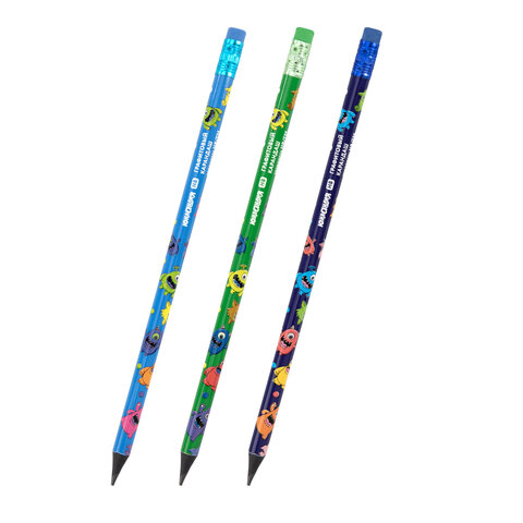 Карандаш чернографитный с принтом ЮНЛАНДИЯ МОНСТРИКИ, 1 шт., HB, с ластиком, корпус ассорти, 182014
