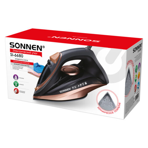Утюг паровой SONNEN SI-6680, 2200 Вт, керамическое покрытие, антикапля, черный/розовый, 456997