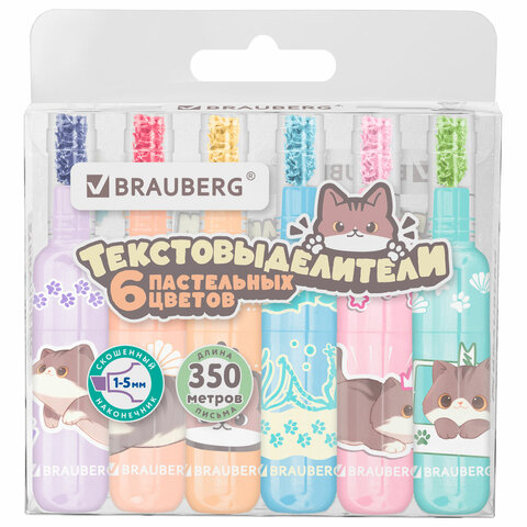 Набор текстовыделителей 6 ПАСТЕЛЬНЫХ ЦВЕТОВ, кросс-серия МИЛЫЕ КОТЫ, линия 1-5 мм, BRAUBERG, 152619