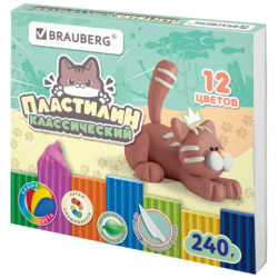 Пластилин классический "МИЛЫЕ КОТЫ", 12 цветов, 240 г, СТЕК, ВЫСШЕЕ КАЧЕСТВО, BRAUBERG, 107353