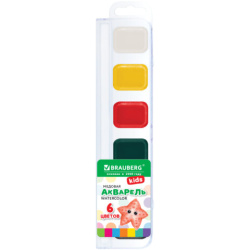 Краски акварельные BRAUBERG KIDS NEW, 6 цветов, квадратные кюветы, пластиковый пенал с европодвесом, 192794