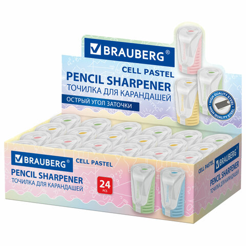 Точилка с контейнером BRAUBERG "CELL PASTEL", пастельные цвета ассорти, 272503