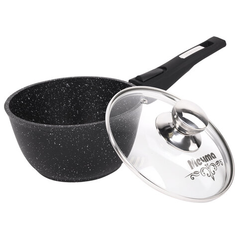 Ковш 1,7 л, съемная soft-touch ручка, жаропрочная стеклянная крышка, антипригарное покрытие, МЕЧТА "Гранит Black", 082802