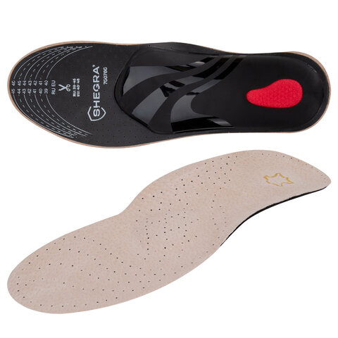 Стельки для обуви из натуральной кожи c СУПИНАТОРОМ, размер RU 39-45 / EU 40-46, с линиями выреза, SHEGRA (ШЕГРА), 700760