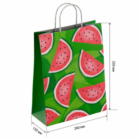 Крафт-пакет бумажный "Фрукты" 26х15х35 см, с кручеными ручками, плотность 100 г/м2, белый, 112252