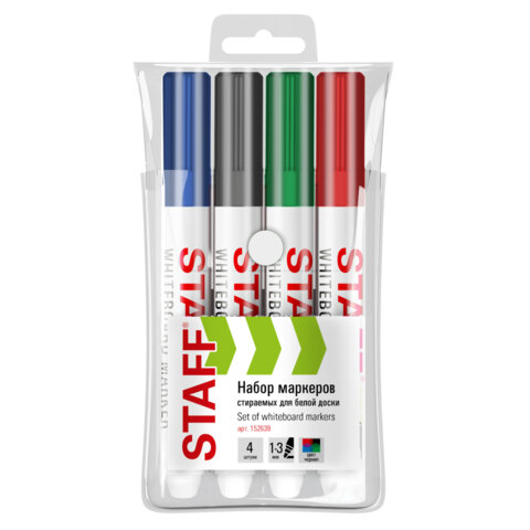 Маркеры стираемые для белой доски НАБОР 4 ЦВЕТА, STAFF "BASIC" WBM-200, 1-3 мм, 152639