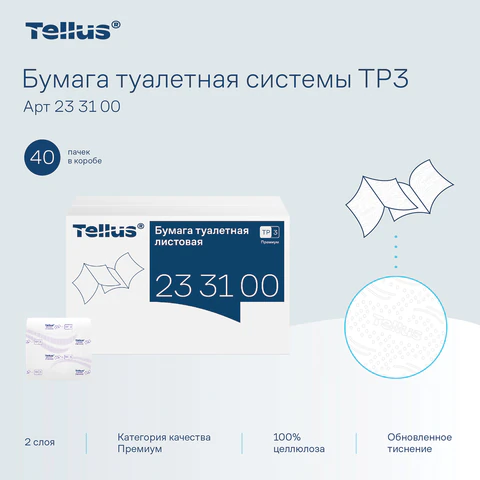 Бумага туалетная листовая Tellus/TORK (Система ТР3) ПРЕМИУМ КОМПЛЕКТ 40 шт., 200 л., 11х23 см, 2-слойная, 233100