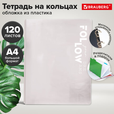 Тетрадь на кольцах БОЛЬШАЯ А4, 305х235 мм, 120 л., пластик, разделители, BRAUBERG MOVE, белый, 405252