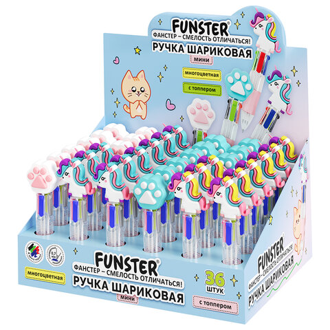 Ручка мини многоцветная с топпером шариковая автоматическая 4 ЦВЕТА FUNSTER "MIX", ассорти, пишущий узел 0,7 мм, линия письма 0,35, 144378