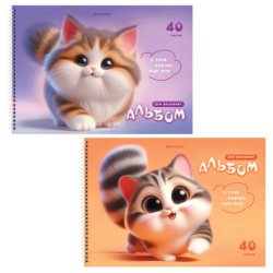 Альбомы для рисования ДЭК, А4, 40 л., КОМПЛЕКТ 2 шт., гребень, Soft-touch, BRAUBERG, 200х290 мм, "Мурчики", 107737