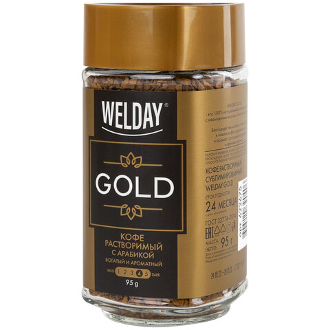 Кофе растворимый WELDAY (ВЭЛДЭЙ) "GOLD" 95 г, стеклянная банка, сублимированный, 622675