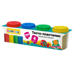 Тесто-пластилин для лепки СУПЕР ПЛАСТИЧНОЕ, 4 цвета, 200 г, крышки-штампики, BAMBOX (БАМБОКС), 107247