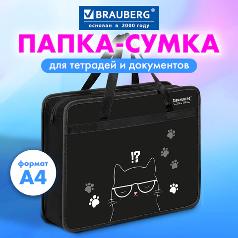 Папка на молнии с ручками BRAUBERG А4, 1 отделение, пластик, 80 мм, "Tough cat", 274493