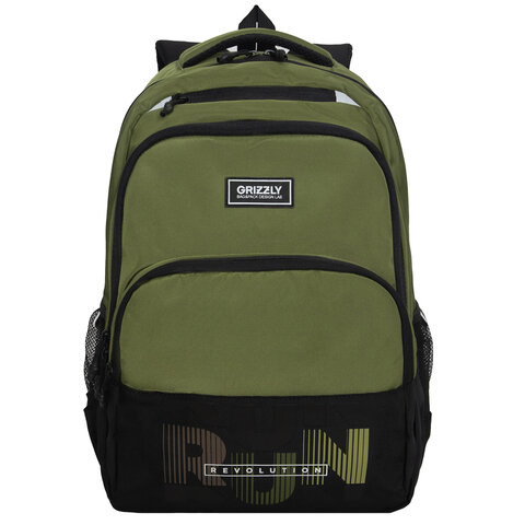 Рюкзак GRIZZLY школьный, анатомическая спинка, 2 отделения, для мальчиков, "RUN", хаки, 45х32х23 см, RU-530-6/3