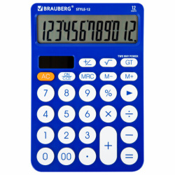 Калькулятор настольный BRAUBERG STYLE-12-BL (157х106 мм), 12 разрядов, двойное питание, СИНИЙ, 272966