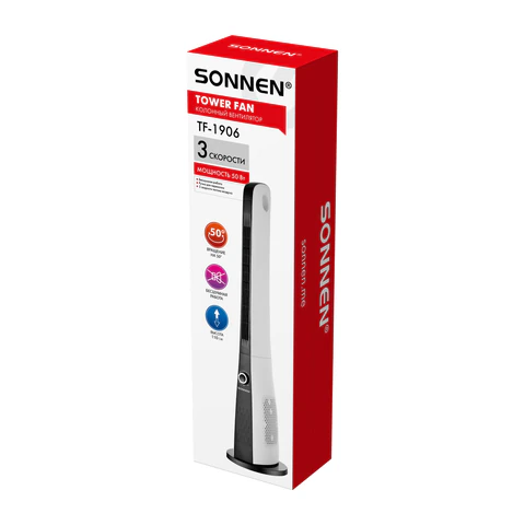 Вентилятор колонный SONNEN TF-1906, 50 Вт, 110 см, ТИХИЙ, 3 скорости потока, пульт ДУ, бело-черный, вращение 50°, 457786