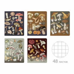 Тетрадь А5, 48 л., АЛЬТ скоба, клетка, матовая ламинация, "Грибная феерия" (5 видов), 7-48-1325