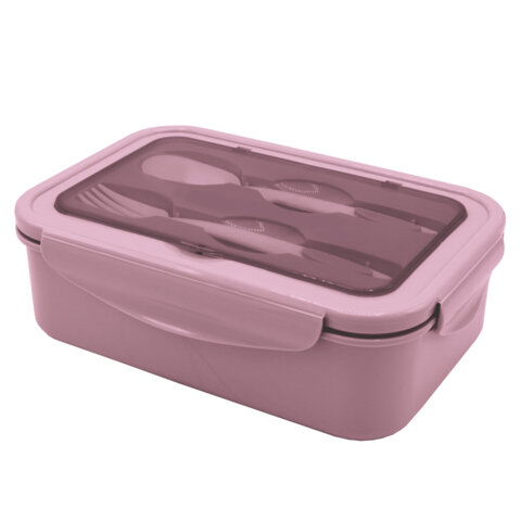 Ланч-бокс контейнер 2 секции 3+1 отделение 1,4л ложка, вилка 7х21х14см, розовый JOYLUX, 609348