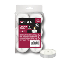 Свечи чайные литые в гильзе WEGLA (ВЕГЛА) ULTRA LONG, до 9 часов горения, вес 21 грамм, КОМПЛЕКТ 6 штук, 702576