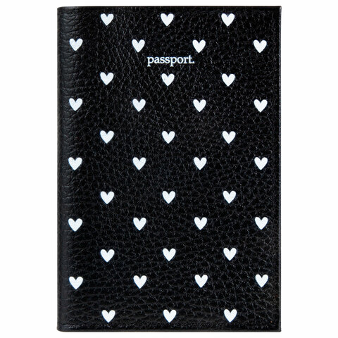 Обложка для паспорта натуральная кожа флоттер, принт "Сердечки", цвет черный, BRAUBERG, 238867