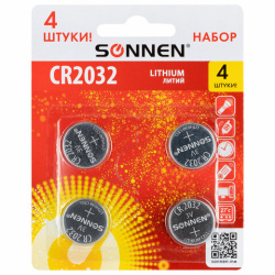 Батарейки литиевые SONNEN Lithium CR2032, "таблетки, дисковые, кнопочные", КОМПЛЕКТ 4 шт., блистер, 457142
