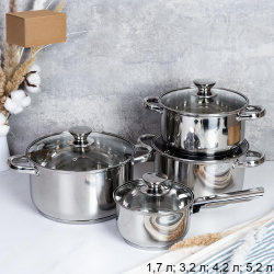 Кастрюля набор 8 предметов 1.7л,3.2л,4.2л,5.4л Аванта с ковшом / LB-1106-8B /уп 1/ индукция/ Гофрокороб/ KISIGA