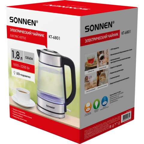 Чайник электрический SONNEN KT-6801, 1,8 л, 2200 Вт, термостойкое стекло текстура полоска, внутренняя подсветка синяя, нерж. сталь, 455143