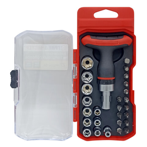 Набор бит и торцевых головок с трещоткой 1/4", 27 предметов, пластиковый бокс, ГРАНДМАСТЕР, 671327