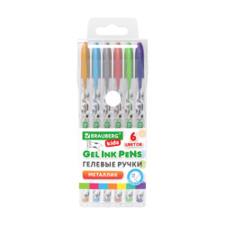 Ручки гелевые МЕТАЛЛИК BRAUBERG KIDS "CUTE ANIMALS", НАБОР 6 ЦВЕТОВ, корпус с печатью, узел 1 мм, линия письма 0,7 мм, 144440