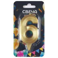Свеча-цифра для торта "6" форма ГРАНЬ золото, 7 см, на ножке, в блистере, 1704