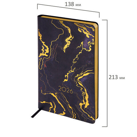 Ежедневник датированный 2026 А5 138x213 мм, BRAUBERG "Vista", под кожу, гибкий, "Black marble", 117445