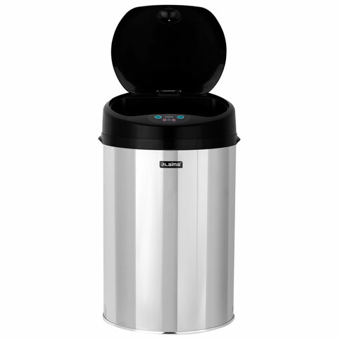 Ведро для мусора СЕНСОРНОЕ 12 л, нержавеющая сталь, черная матовая крышка, питание от 4-х батареек AA (не входят в комплект), LAIMA, 609326