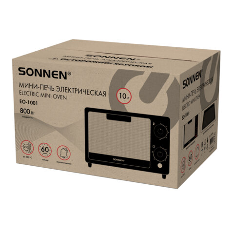 Мини-печь электрическая SONNEN EO-1001, 800 Вт, 10 л, таймер, нагрев до 230 °C, черная, 458308