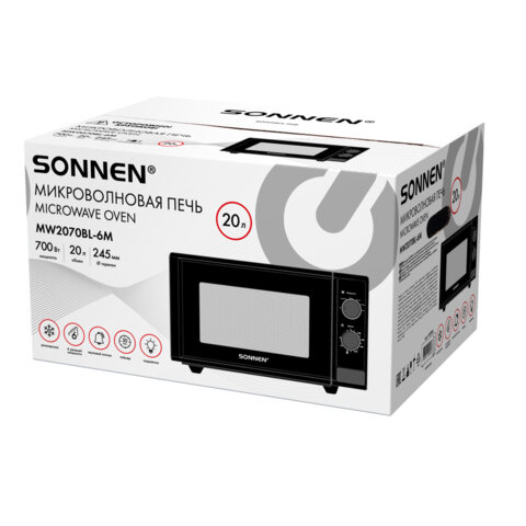 Микроволновая печь SONNEN MW2070BL-6M, 20 л, 700 Вт, таймер, механическое управление, кнопка, черная, 454984