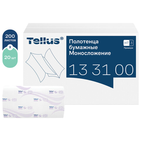 Полотенца бумажные 200 шт., Tellus/TORK (HT3) ПРЕМИУМ, КОМПЛЕКТ 20 пачек, 2-слойные, белые, 23х23 см, V-сложение, 133100