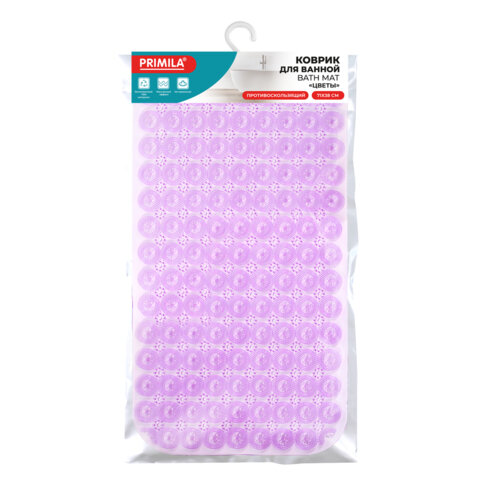 Коврик для ванны противоскользящий 71х38 см, массажный, "Цветы", прозрачно-фиолетовый, ПВХ, PRIMILA (ПРИМИЛА), 700373