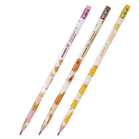 Набор карандашей чернографитных с принтом ЮНЛАНДИЯ "FAT ANIMALS", 12 штук, HB, с ластиком, корпус ассорти, 182035