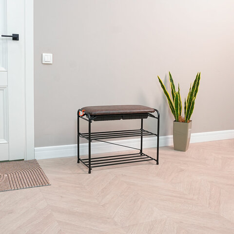 Банкетка для обуви "Альфа-23СЯ", 650х300х480 мм, 2 полки, ящик, металл/кожзам, черный/коричневый, ПДОА23СЯ Ч