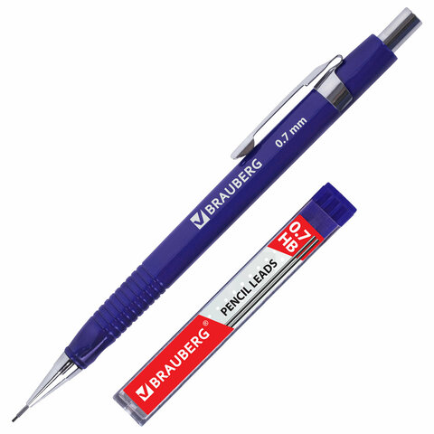 Карандаш механический 0,7 мм, трехгранный корпус + грифели HB 12 штук на блистере, BRAUBERG, 180494