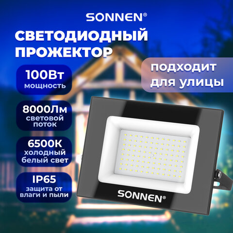 Прожектор светодиодный 100 Вт, 6500 К, 8000 Лм, IP65, 250x178x27 мм, черный, SONNEN, 238415