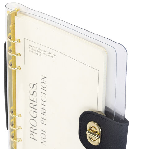 Блокнот А5 180x235 мм, BRAUBERG "Fabulous", гибкий, на кольцах, застежка, 80 л., черный, 116196