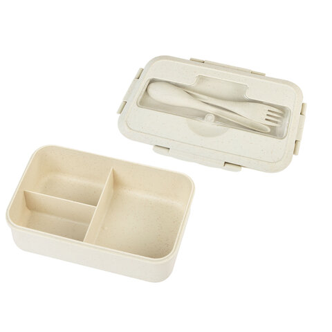 Ланч-бокс контейнер, 1 секция, 3 отделения, 1,4 л, ложка, вилка, 8х21х14 см, бежевый, JOYLUX ECO, 609346