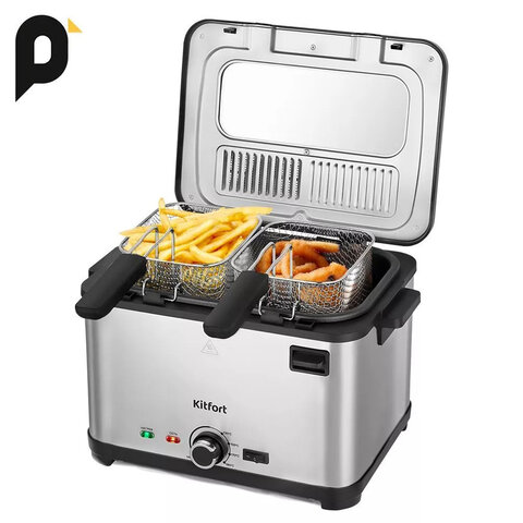 Фритюрница KITFORT KT-6240, 2000 Вт, объем 4,8 л, регулировка 130-190 °С, 3 корзинки, черная/серебристая, КТ-6240