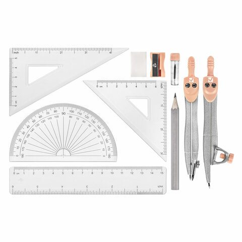 Готовальня BRAUBERG SCHOOL KIT, 11 предметов, циркуль 115 мм, циркуль 125 мм, чертежные принадлежности, персиковый цвет, 210717