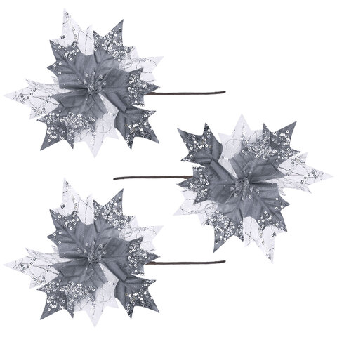 Украшение елочное КОМПЛЕКТ 3 шт., "Цветок", диаметр 22 см, длина 20 см, серебро, ЗОЛОТАЯ СКАЗКА, 592418