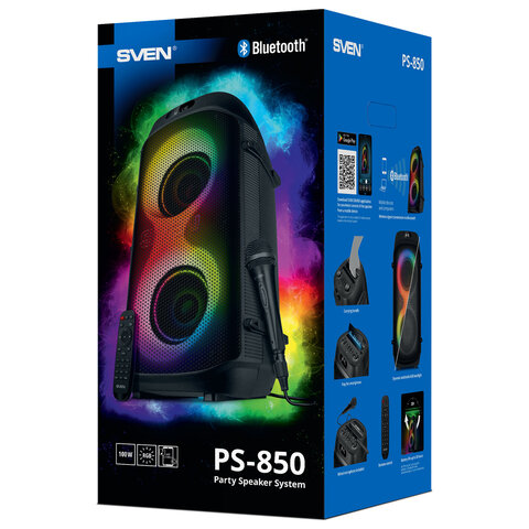 Колонка портативная SVEN PS-850, 100 Вт, TWS, Bluetooth, FM, USB, microSD, LED-дисп, черн, SV-022679